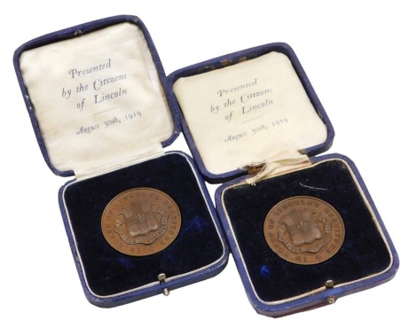 Two Lincoln Appreciation bronze medallions 1914-19, inscribed In Token of Lincoln's Gratitude, both cased.