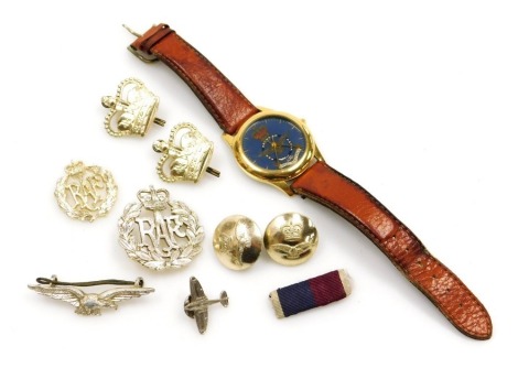 A Royal Air Force quartz wristwatch, in rolled gold case with leather strap, and a small collection of RAF badges and buttons, etc.