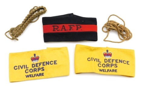 A Royal Air Force police armband and others, etc., including two Civil Defence Crops Welfare armbands, two lanyards.