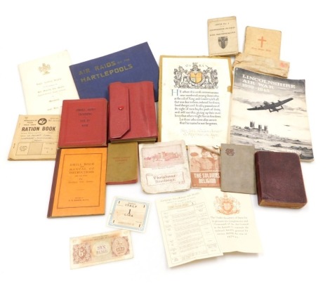 An assortment of military training manuals and printed ephemera, also including ration books, Royal Artillery display circa 1958, Lincolnshire Air War history and other air raid history, etc. (a quantity)