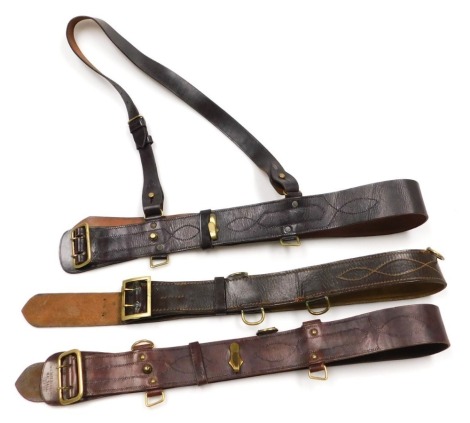 Three British Army Sam Browne leather belts, one stamped Wilmot Bennett Walsall 1937, and another with shoulder strap.