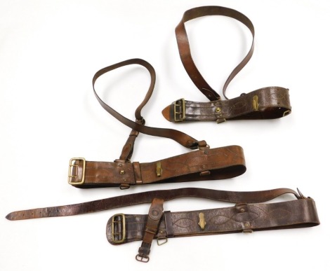 Three WWI period British Army Sam Browne leather belts, all with shoulder straps.