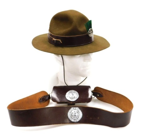 A Scouts Leader's felt hat, with leather strap band and badge, size small, and a Boy's Brigade leather belt and pouch.