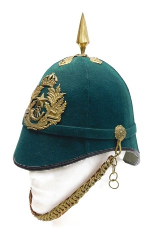 An early 20thC British Army green cloth helmet, with regimental badge for the Scottish Rifles, with chin strap.