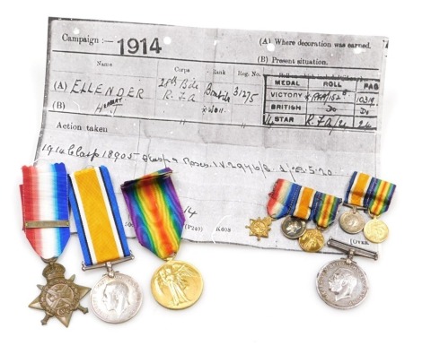 Four WWI medals and miniatures, including the 1914 Star inscribed to 31275 Bmbr HJ Ellender RFA, Aug/Nov clasp, 1914-18 British War medal inscribed to J.74264 AFW Bowers ORD RN (Royal Navy), lacking ribbon, a 1914-1918 British War medal unnamed, Victory m