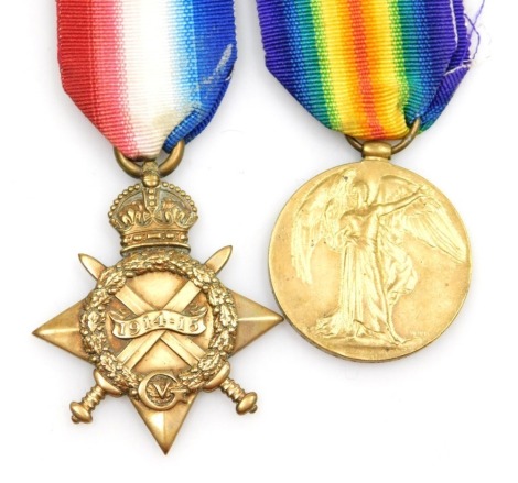 A WWI medal pair, comprising 1914-15 Star and Victory medal inscribed to 15983 Pte WS White Lincolnshire Regiment, both with replacement ribbons.