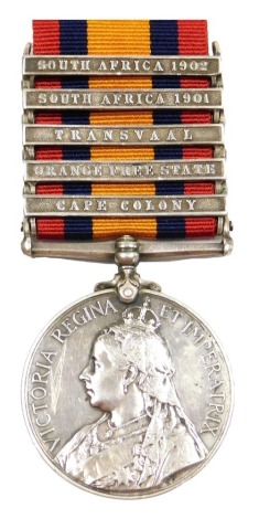 A Queen's South Africa medal, with clasps for South Africa 1902, South Africa 1901, Transvaal, Orange Free State and Cape Colony, inscribed to 246 Tpr G Watson SAC.