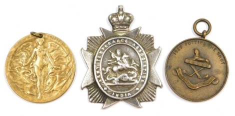 A Victorian Army Temperance Association medal and others, including a Great War 1914-19 Birmingham Peace Celebration medal, and a Lincolnshire Regiment 1929 Shot Put bronze medallion. (3)