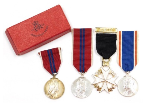 British Coronation medals, etc., comprising a George VI and Queen Elizabeth Coronation medal 1937, two Elizabeth II Coronation medals 1953, one with original box, and a Knights of Malta member breast cross. (4)