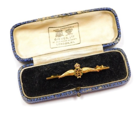 A 9ct gold and enamelled RAF sweetheart brooch, hallmarked and with maker's initials WB, with hinged pin, 4.3g, in fitted case for Gieves Limited, London.