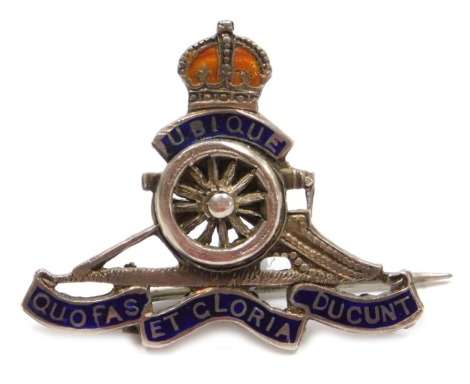 A regimental sweetheart brooch for The Royal Artillery, sterling silver (stamped), with enamel.