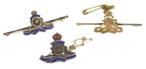 Three regimental sweetheart brooches for The Royal Artillery, sterling silver with enamel, with hinged pins and two with safety chains.