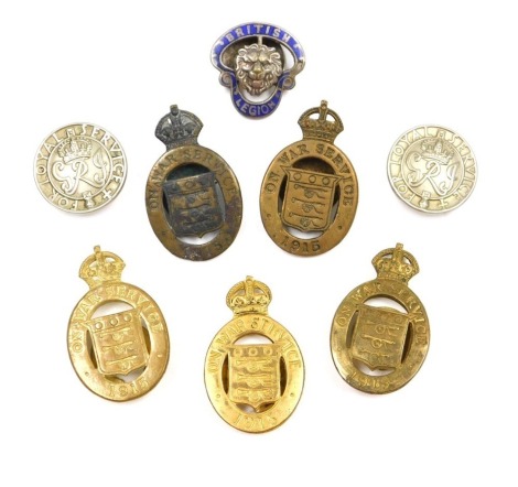 Brass War Service badges, etc., comprising five 1915 brass War badges, various makers including Thomas Fattorini and Mappin and Webb Limited, two Loyal Service lapel badges and a British Legion enamelled white metal badge, Birmingham Medal Co. (8)