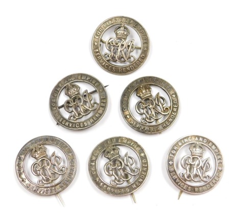 Six George V silver War badges, various serial numbers, otherwise no hallmarks or other marks.