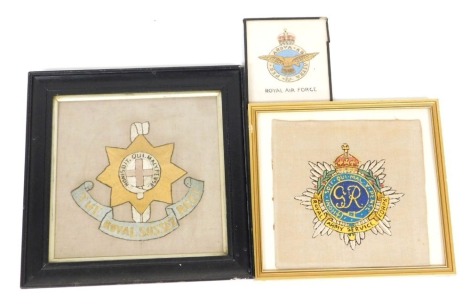 Regimental silk embroidery, comprising a Royal Air Force crest, 15cm x 13cm, a silk embroidered regimental crest for the Royal Army Service Corps, 22cm x 22cm, and a silk embroidery regimental crest for the Royal Sussex Regiment, 24cm x 24cm, all framed.