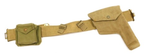 A WWII British Army canvas webbing belt with .38 calibre revolver holster, and ammunition pouch, the holster marked ME Co 1941 with broad arrow insignia and the ammunition pouch ME Co 1939 with broad arrow.