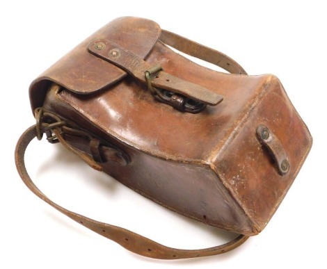 A British Army Bren gun leather ammunition magazine case, with leather strap.