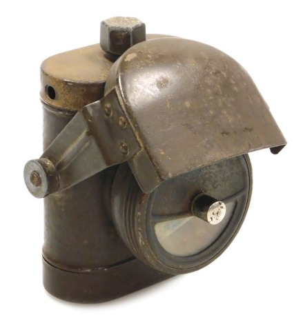 A WWII British Army cycle lamp by Joseph Lucas Limited, with broad arrow marking and stamped Lamps Electric No 1 with front hinged shutter and beam regulator.