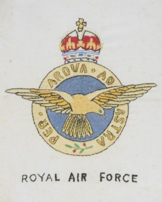 A Royal Air Force silk needlework embroidery, RAF crest, in oak frame, 28cm x 22cm.