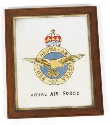 A Royal Air Force silk needlework embroidery, RAF crest, in oak frame, 28cm x 22cm. - 2