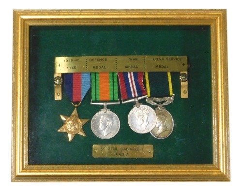 A WWII medal group, comprising 1939-45 British War medal, Defence medal, 1939-45 Star and Territorial Long Service and Efficiency medal, mounted and in a glazed case with plaque inscribed 7/72258 SJT Allen RASC.