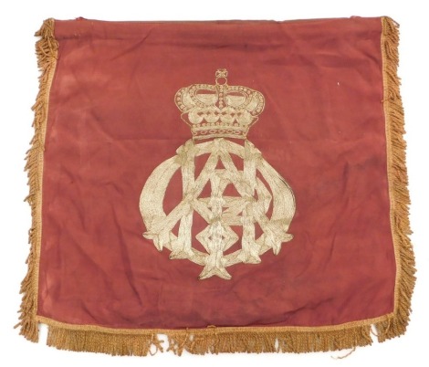 A Victorian 11th Hussars trumpet hanging banner, with silver embroidery crowned crest, and tasselled border, on a faded maroon ground, 42cm x 46cm.