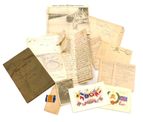 Military ephemera, including a hand written account (possibly for a speech) of a soldier's experiences relating to the 1st World War in the Rifle Brigade, including being gassed and wounded, four WWI Field Service postcards (one unused), demobilisation do