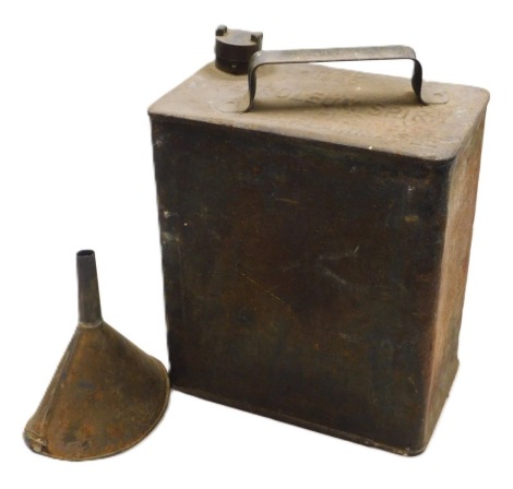 A War Department two gallon petrol can, with broad arrow and WD 1940, and a galvanized funnel. (2).