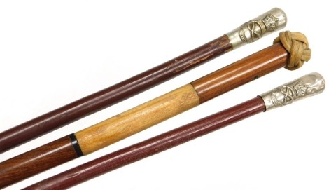 Three British Army regimental swagger sticks, for the South Staffordshire Regiment, two with white metal terminals the other with sealed knot terminal.