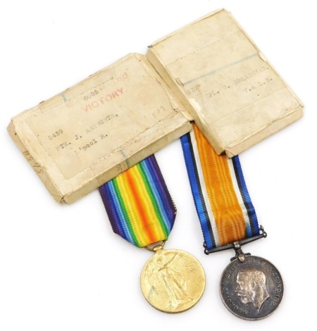 WWI medal pair, comprising 1914-18 British War medal and Victory medal, inscribed to 5459 Pte J Ashworth, Liverpool Regiment, with original box.