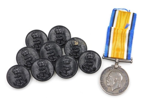 A WWI 1914-18 British War medal, inscribed to 40237, 2-Cpl. T W Spicer RE, (Royal Engineers), set of nine black Bakelite Royal Naval buttons.