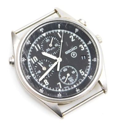 A Seiko British military chronograph watch, in stainless steel case with black dial, three subsidiary hands and date, with luminous Arabic numerals and hands, the case back numbered 6645-99 8149181 with broad arrow above 3247/95, serial number 530805, and