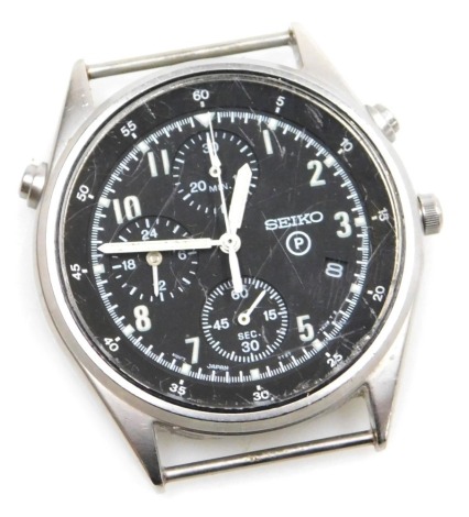 A Seiko British military chronograph watch, in stainless steel case with black dial, three subsidiary hands and date, with luminous Arabic numerals and hands, the case back numbered 6645-99 8149181 with broad arrow above 3369/95, serial number 531134, and