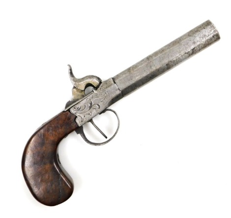 A 19thC boxlock percusssion pistol, with foliate scroll engraved lock plates, octagonal barrel 10.5cm, numbered 920, with figured walnut grip, 22cm long overall.