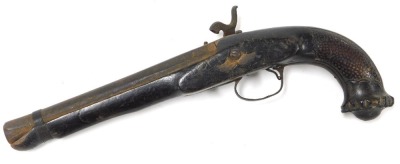 A 19thC Continental percussion pistol, probably converted, the barrel with indistinct engraved marks, with carved chequer grip and terminal with brass pommel, 34cm long. - 2