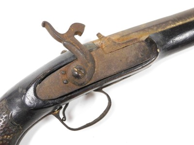 A 19thC Continental percussion pistol, probably converted, the barrel with indistinct engraved marks, with carved chequer grip and terminal with brass pommel, 34cm long. - 3