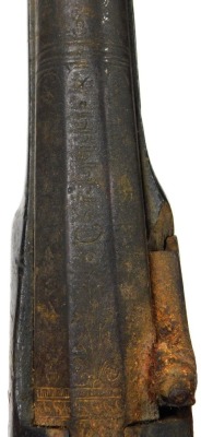 A 19thC Continental percussion pistol, probably converted, the barrel with indistinct engraved marks, with carved chequer grip and terminal with brass pommel, 34cm long. - 4