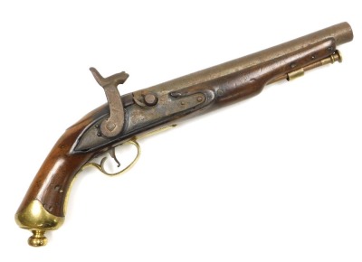 An early 19thC holster pistol, with percussion action converted from flintlock action, the side lock plate indistinctly signed possibly Brigg or Rigg, with walnut grip and stock, replacement ramrod, brass trigger guard, pommel and furnishings, 38cm long.