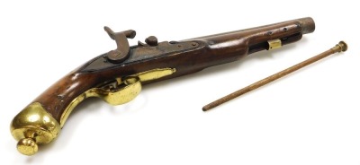 An early 19thC holster pistol, with percussion action converted from flintlock action, the side lock plate indistinctly signed possibly Brigg or Rigg, with walnut grip and stock, replacement ramrod, brass trigger guard, pommel and furnishings, 38cm long. - 4