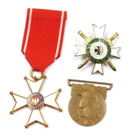 A Polish Order of Polonia 1944 medal, French Republic Grande Guerre 1914-18 medal, lacking ribbon, and a German Weimar Honour Legion Cross (3)