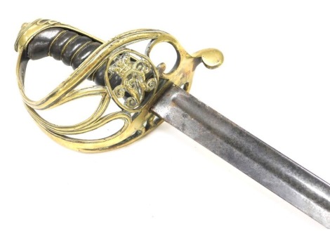 A Victorian 1845 pattern British Army sabre by Mole, fullered blade measuring 73cm with brass basket hilt bearing crowned VR cypher, with leather brass bound grip, lacking scabbard.