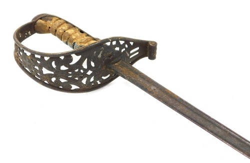 A 19thC Swiss M1867 pattern sword, 82cm blade, pierced basket guard with scroll decoration and Swiss cross, shagreen handle (AF), lacking scabbard.