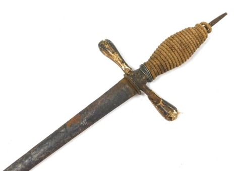 An 18thC Continental rapier sword, the double edged blade 75cm long with indistinct marks, cross hilt and later cord bound grip, lacking pommel.