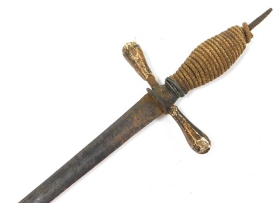 An 18thC Continental rapier sword, the double edged blade 75cm long with indistinct marks, cross hilt and later cord bound grip, lacking pommel. - 2