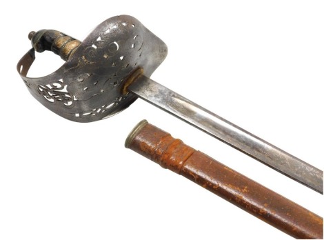 A George V British Army officers dress sword, the blade 82cm, with etched decoration, with crown and GR cypher, with steel basket guard bearing royal cypher, and shagreen grip, with leather bound scabbard.