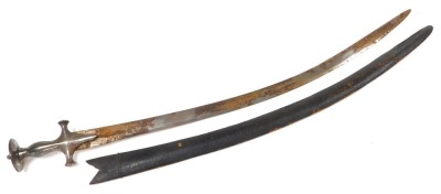 A 19thC Indian Tulwar sword, the curved blade 75cm, with steel hilt and grip, with dished medallion pommel, and leather bound scabbard. - 3