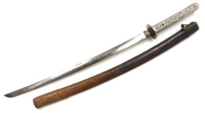 A WWII period Katana sword, probably a Chinese copy, the blade measuring 58cm, with plain chrome plated pierced tsuba, with cast white metal handle, and leather bound scabbard. - 3