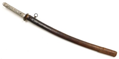 A WWII period Katana sword, probably a Chinese copy, the blade measuring 58cm, with plain chrome plated pierced tsuba, with cast white metal handle, and leather bound scabbard. - 4