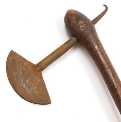 Three African tribal war axes, possibly Chokwe, with steel axe heads and natural wooden shafts, two with burnt decoration, 57cm long, 48cm long, and 47cm long. - 2