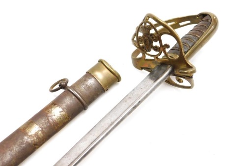 A Victorian British Army dress sword by R Mole, curved blade 82cm, with etched decoration and inscribed R Mole, with folding brass hilt and brass basket with VR cypher, the shagreen grip handle (AF), steel scabbard.